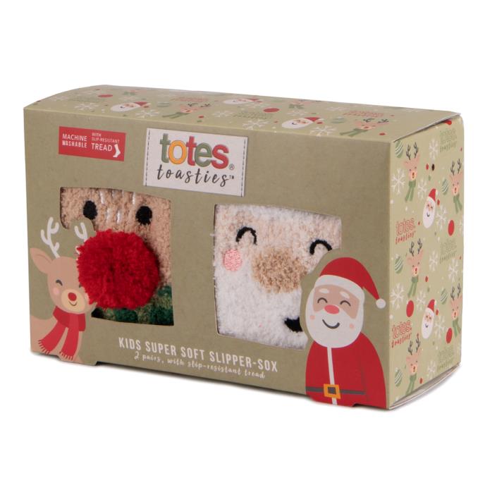 totes toasties® Childrens Super Soft Slipper Socks (Twin Pack) Reindeer / Santa Extra Image 1